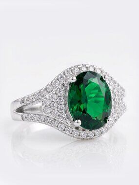 Oval Emerald Green Gemstone Ring, 925 Sterling Silver Charmed Aroma